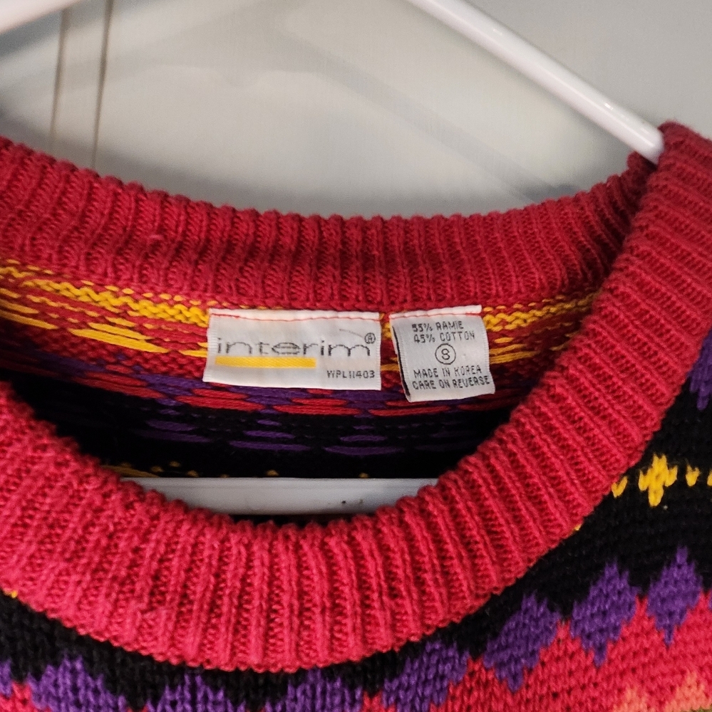 Vintage 80s 90s Interim Geometric Knit Sweater Bold Colorful Sz small Coogi Vibe - Picture 4 of 10
